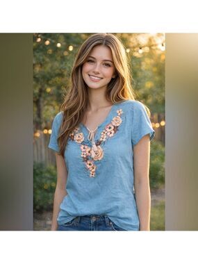 New floral embroidered shirt Panhandle Floral Embroidered Top  v notch and tie